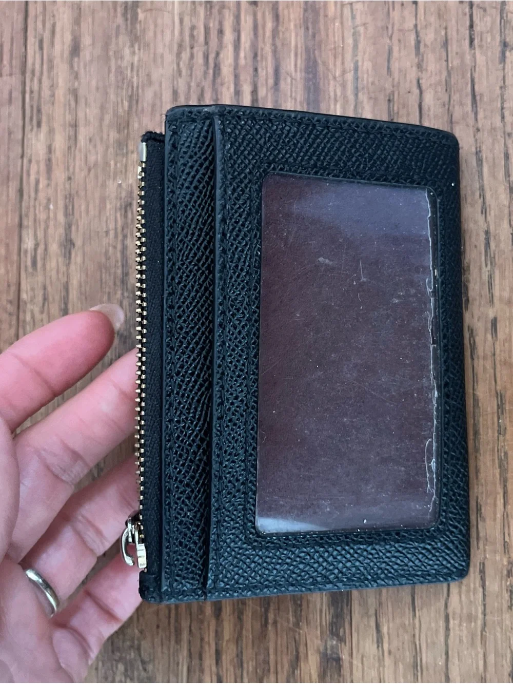 COACH Black Pebbled Leather Zip Card Wallet with Gold Logo